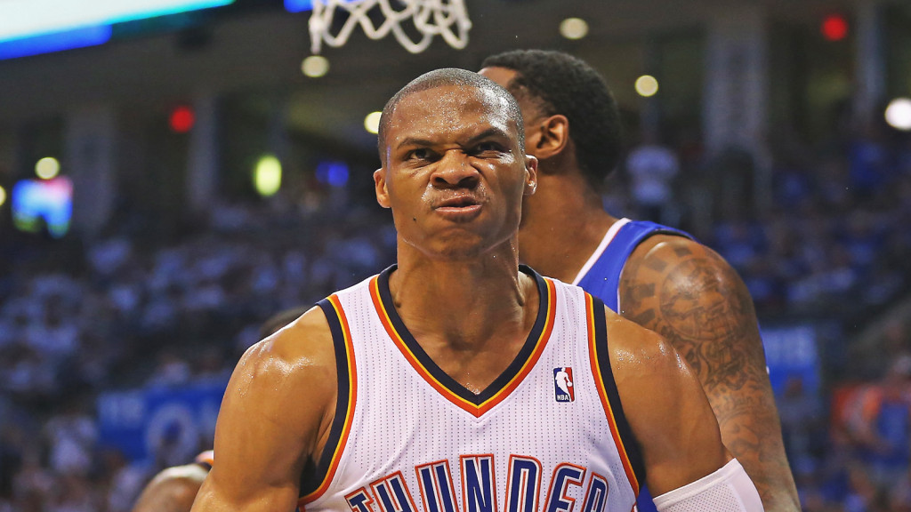 OKLAHOMA CITY, OK - MAY 07: Russell Westbrook #0 of the Oklahoma City Thunder reacts after fouled by DeAndre Jordan #6 of the Los Angeles Clippers in Game Two of the Western Conference Semifinals during the 2014 NBA Playoffs at Chesapeake Energy Arena on May 7, 2014 in Oklahoma City, Oklahoma. NOTE TO USER: User expressly acknowledges and agrees that, by downloading and or using this photograph, User is consenting to the terms and conditions of the Getty Images License Agreement. (Photo by Ronald Martinez/Getty Images)