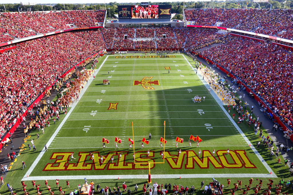 Jack trice Stadium is packed to 61,500 for Iowa State's game against Iowa on Sept 12, 2015. (Photo by Christopher Gannon/Iowa State University)