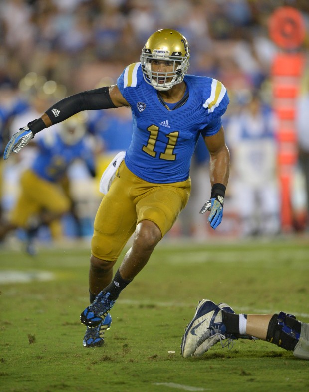 Aug 31, 2013; Pasadena, CA, USA; UCLA Bruins linebacker Anthony Barr (11) during the game against the Nevada Wolf Pack at the Rose Bowl. UCLA defeated Nevada 58-20. Mandatory Credit: Kirby Lee-USA TODAY Sports